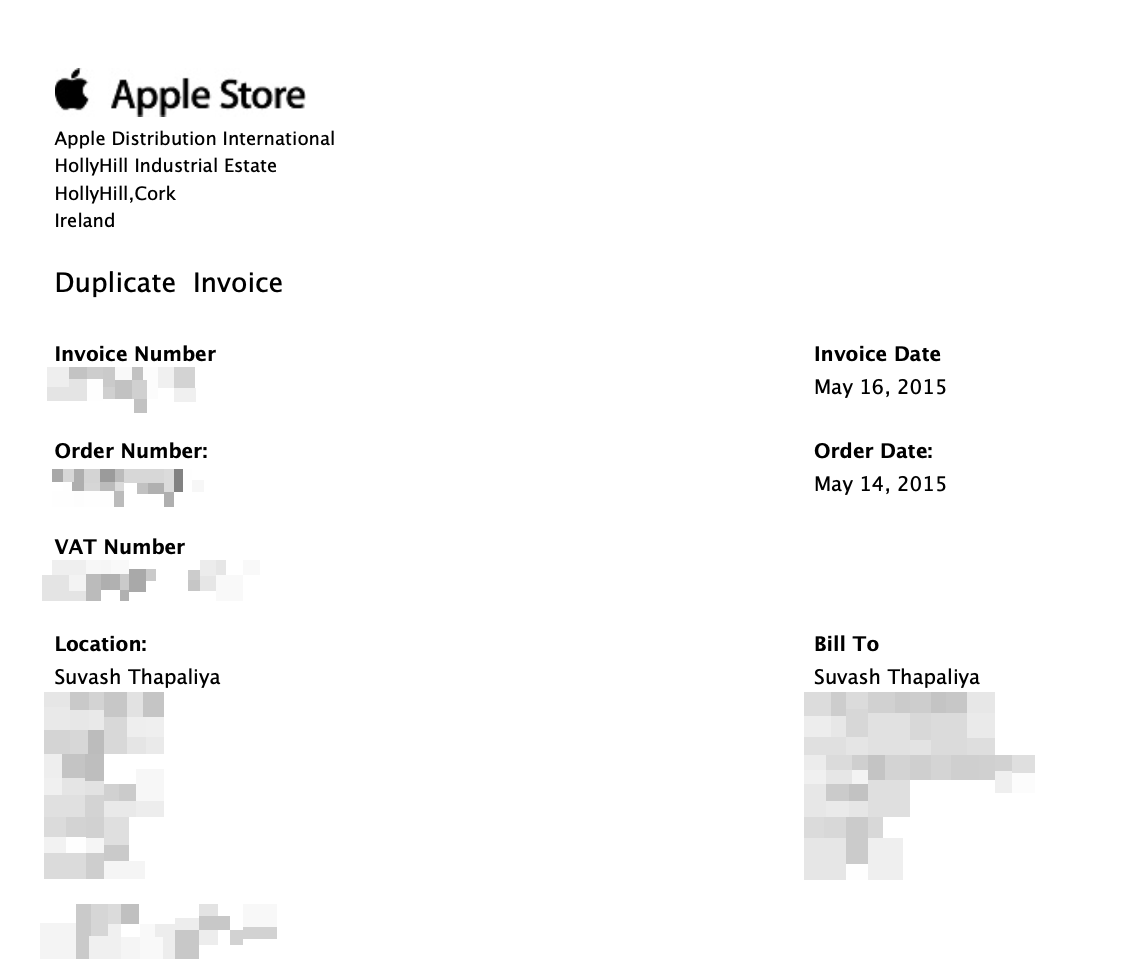 A cropped invoice of the 2015 order.